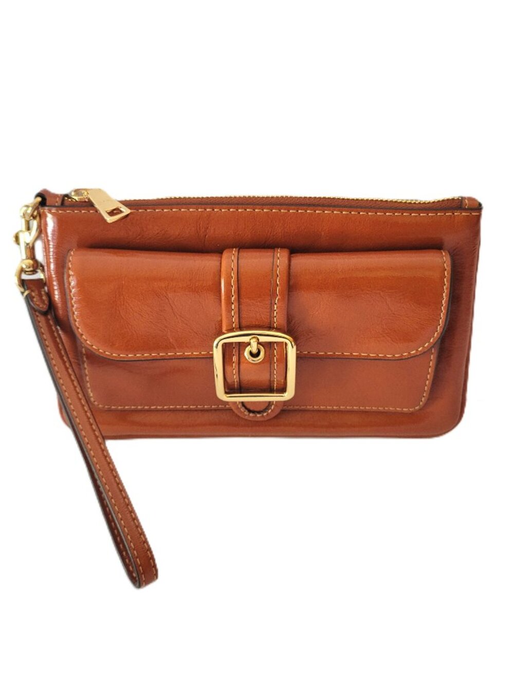 Coach CDY04 Ashton Wristlet Shiny Glazed Patent Leather Clutch Wallet Cinnamon